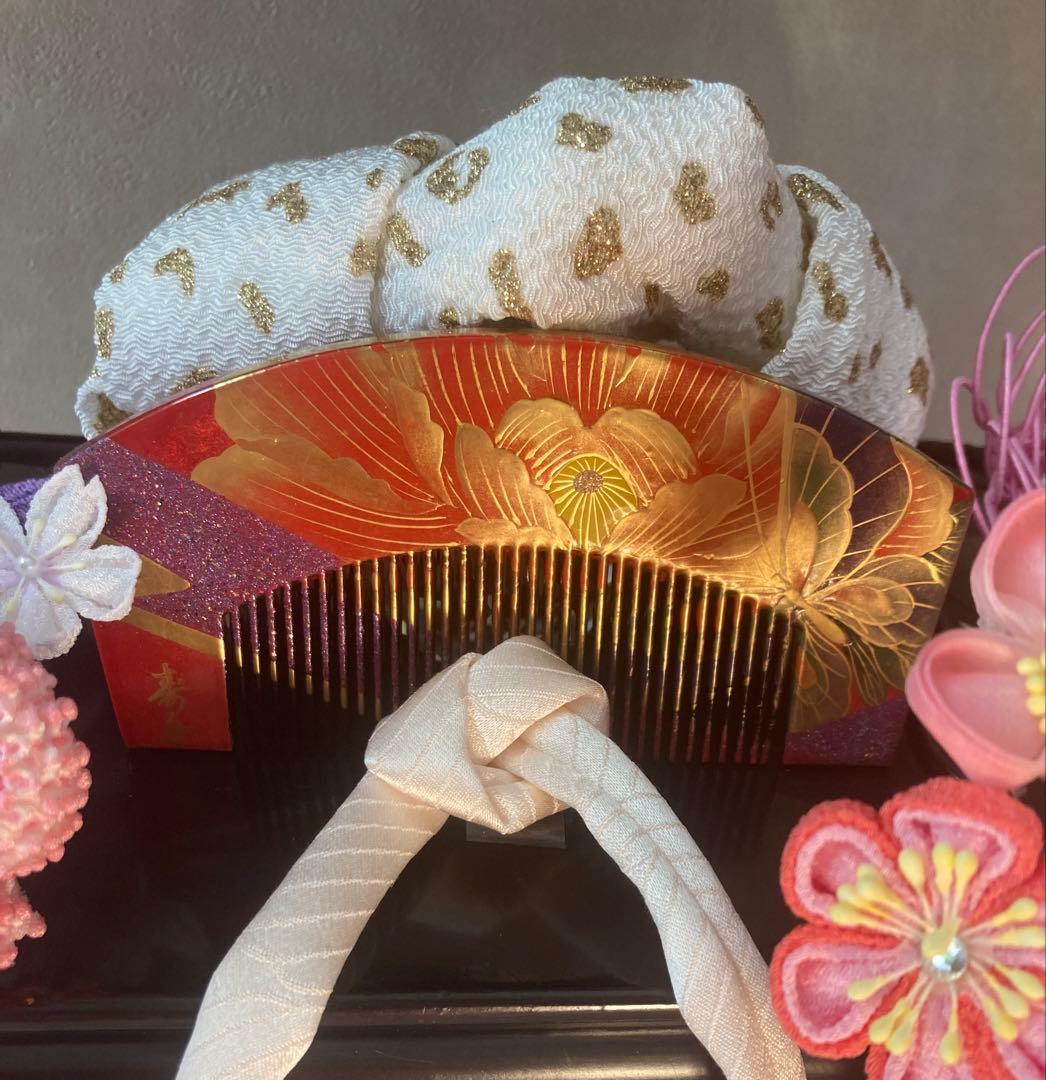 七五三　成人式　春待ち蝶々の花簪　まるぐけおりぼん　櫛平打ち簪　水引簪