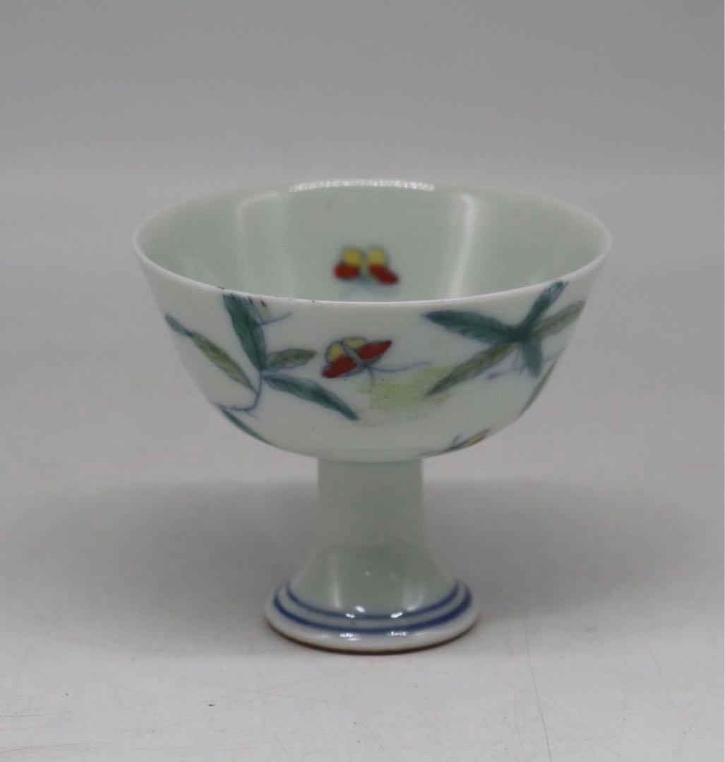 中国　とう彩　花草紋高足杯　大明成化年製銘　送料込み1019