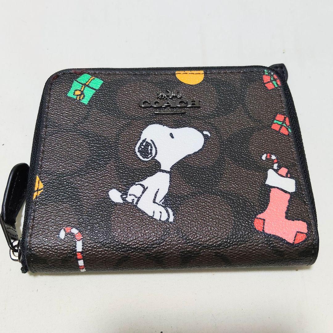 美品 COACH コーチ 二つ折りミニ財布 シグネチャー スヌーピー