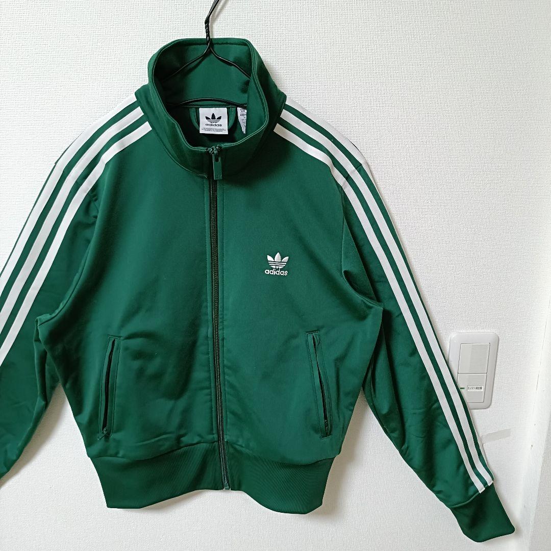 アディダス 緑 ファイヤーバード 襟高 トラックトップ ジャージ 女性L人気短丈