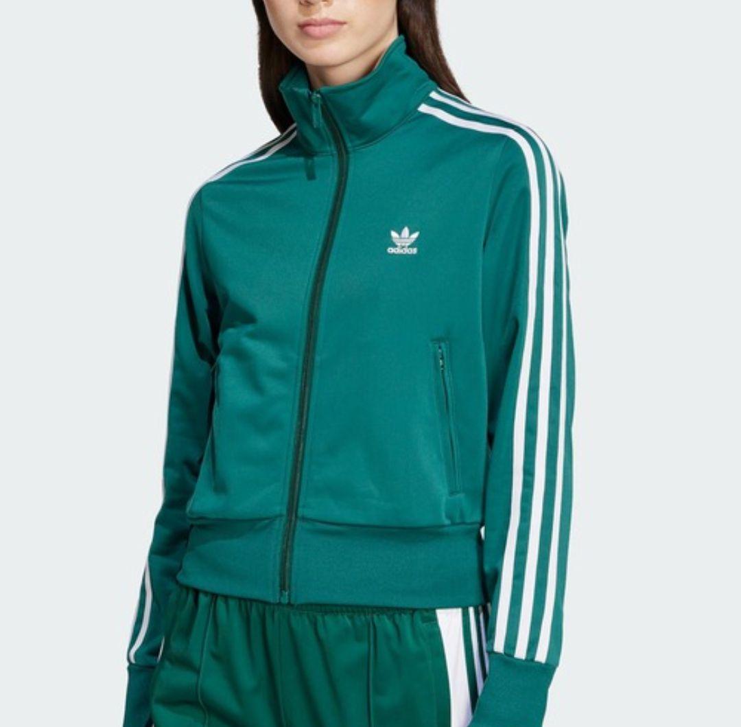 アディダス 緑 ファイヤーバード 襟高 トラックトップ ジャージ 女性L人気短丈