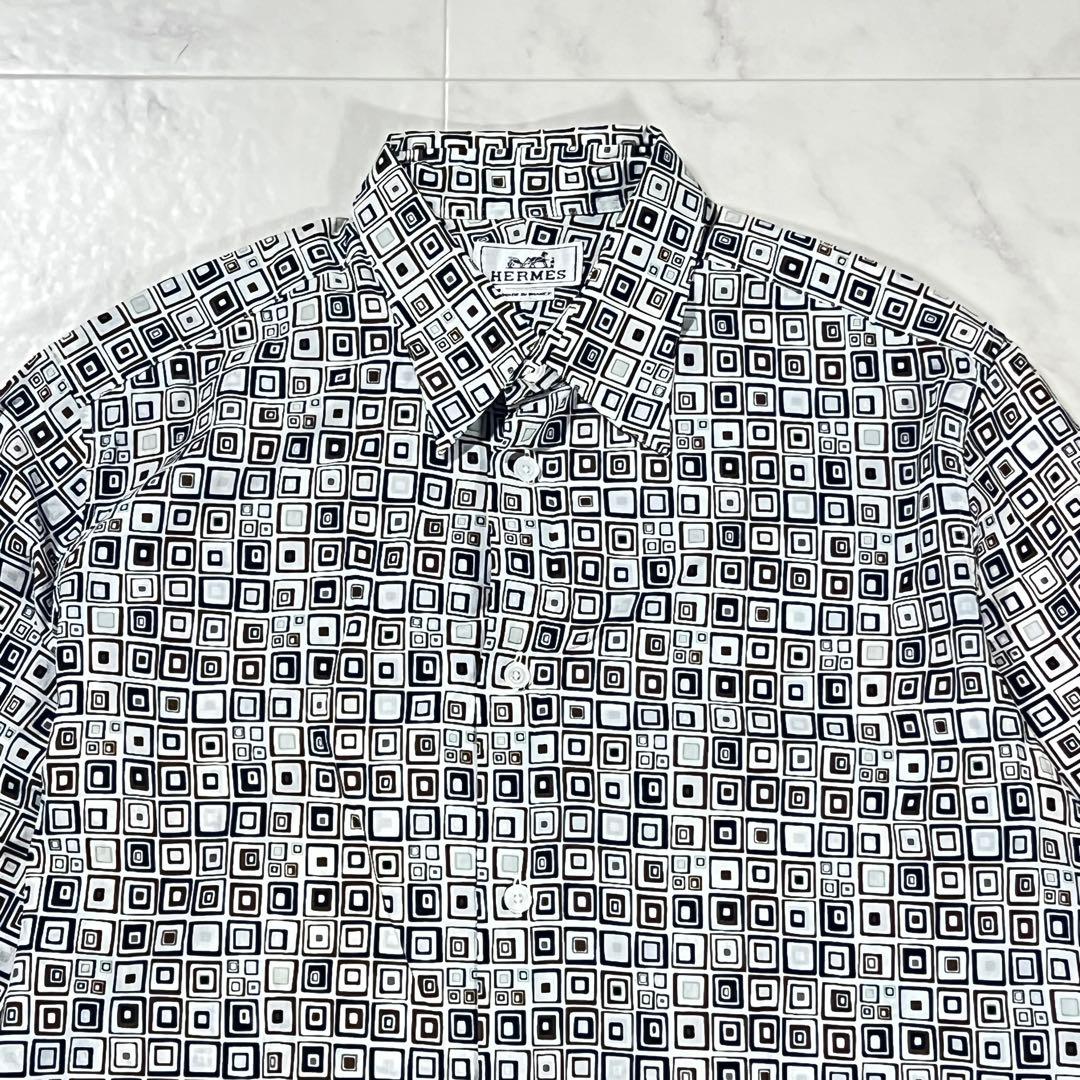 美品 メルメス HERMES 幾何学模様 長袖シャツ 銀ボタン コットン 総柄