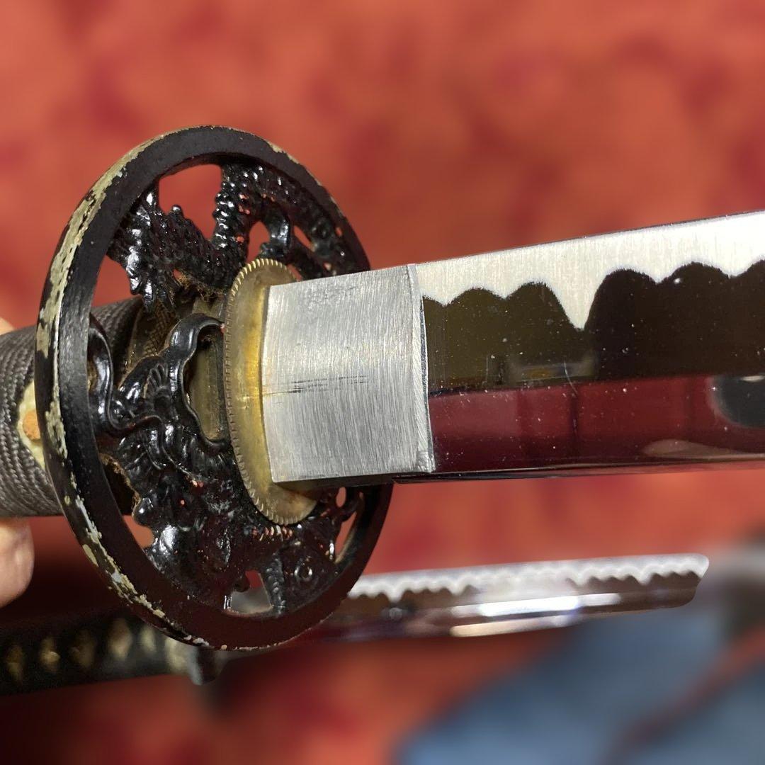 格安模造刀大小2本 黒柄 龍彫透し丸鍔黒梨地鞘(刀袋付)