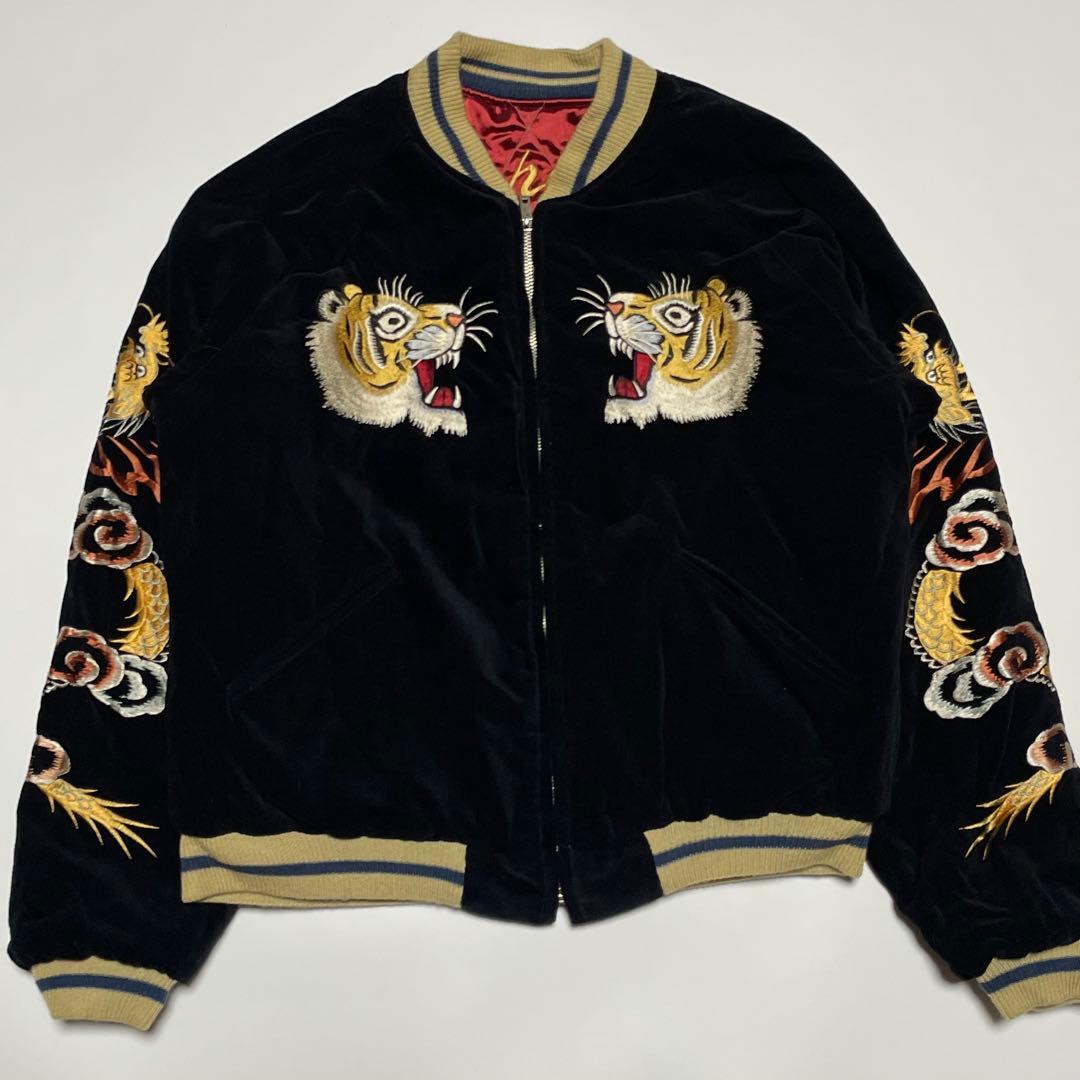 極美品　テーラー東洋　別珍スカジャン　キルティング　リバーシブル　鷹　虎　黒×赤