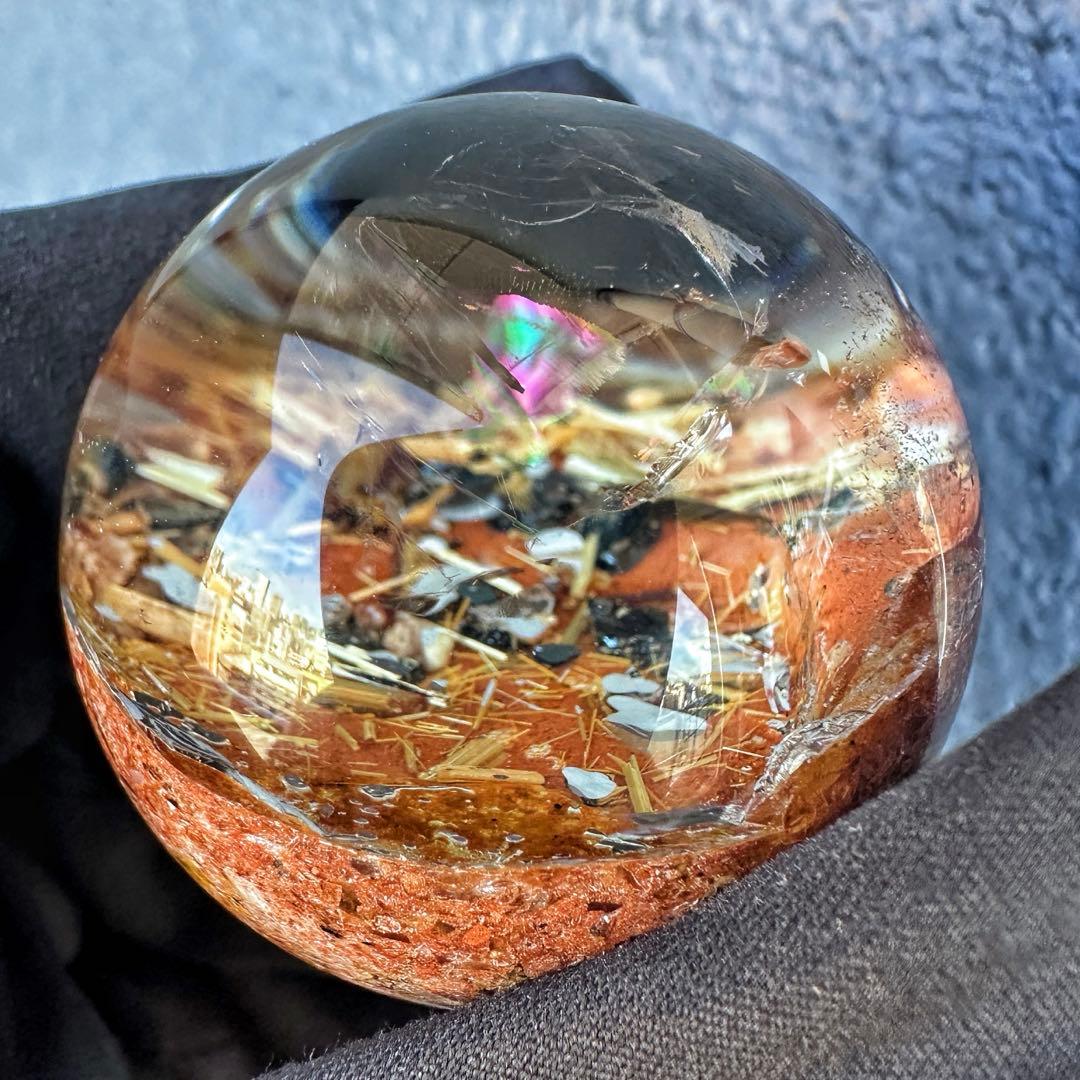 金運❗️レインボー☆タイチンルチル パイライト共生 ガーデンクォーツ丸玉A1319