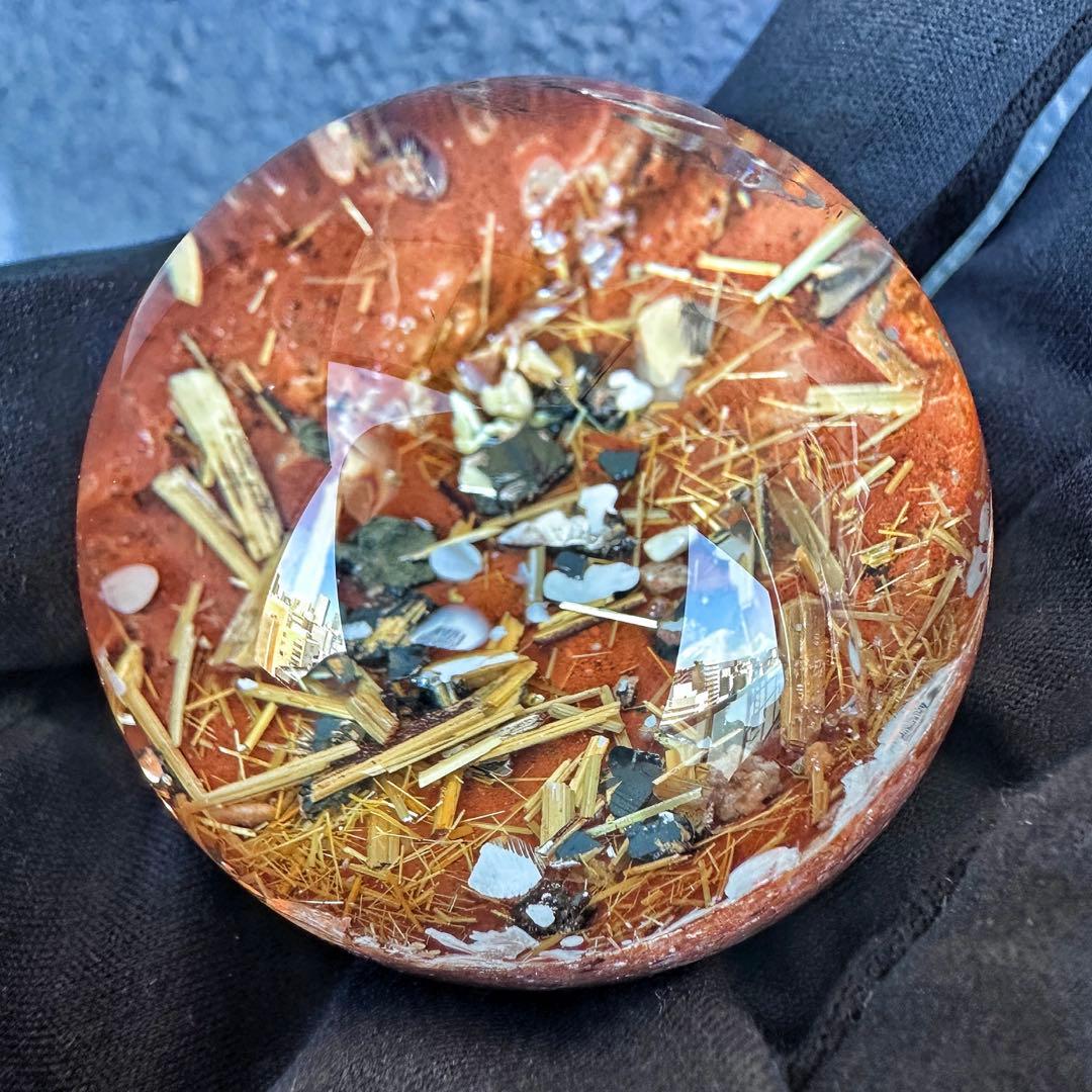 金運❗️レインボー☆タイチンルチル パイライト共生 ガーデンクォーツ丸玉A1319