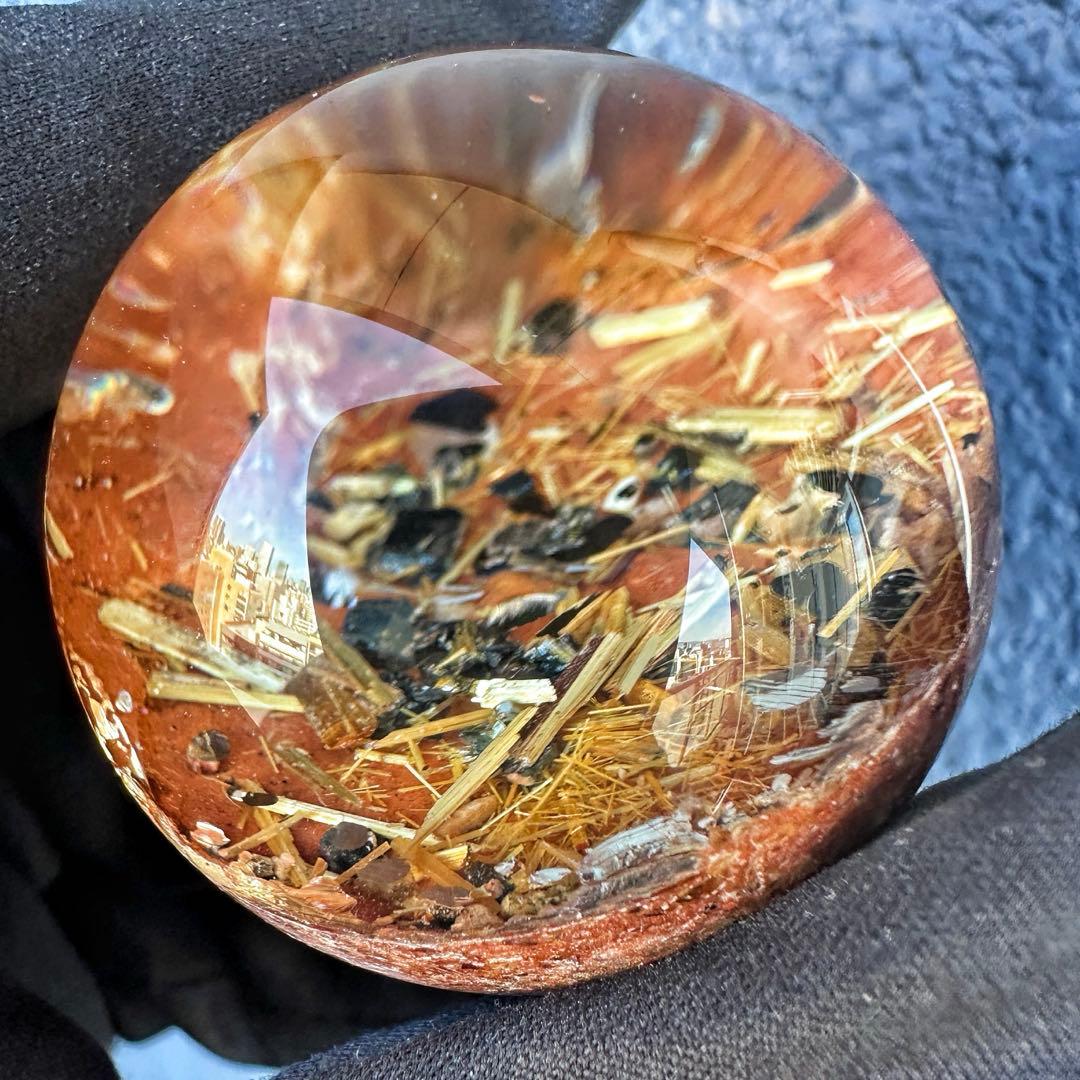 金運❗️レインボー☆タイチンルチル パイライト共生 ガーデンクォーツ丸玉A1319