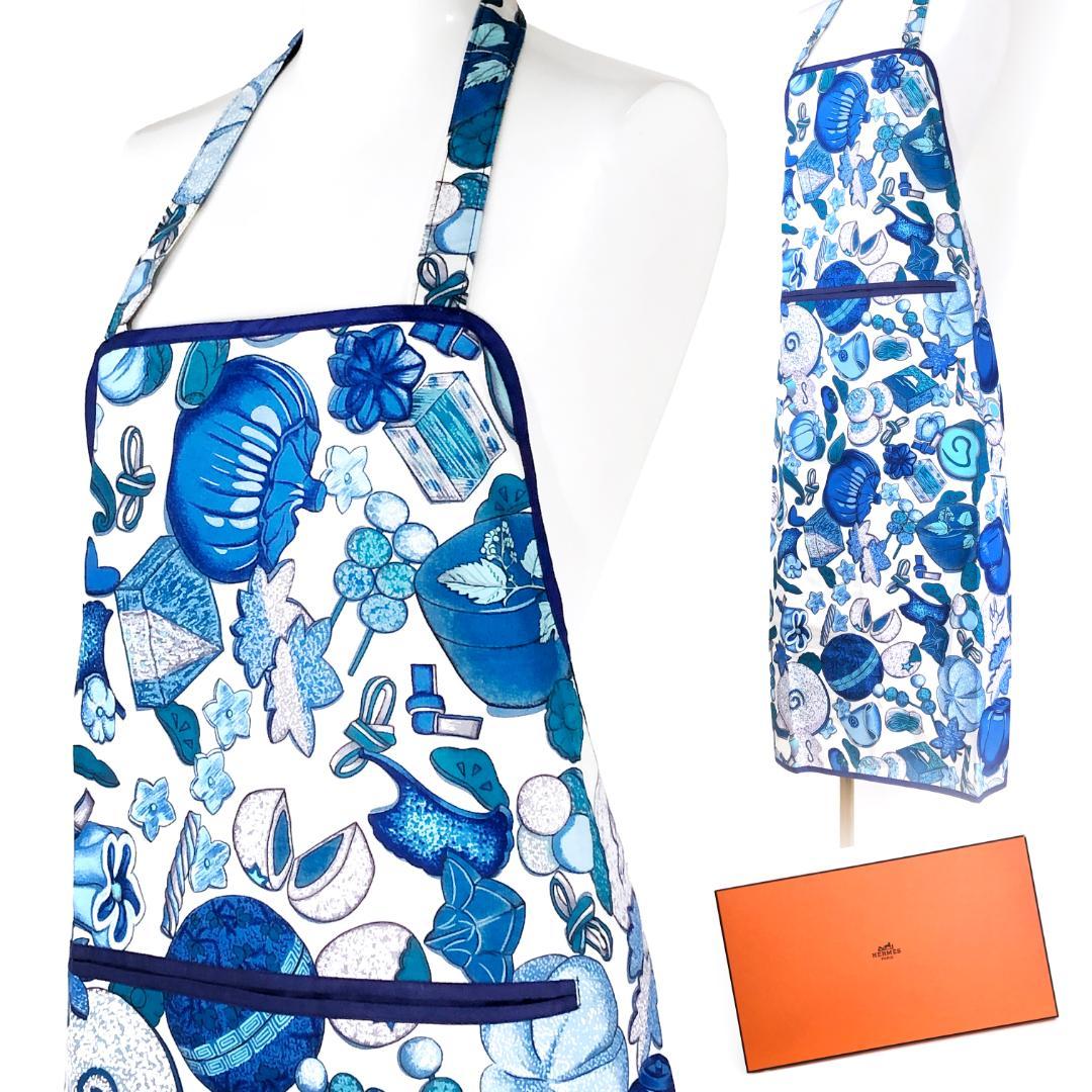 【美品・箱付き】エルメス／調理用エプロン 和洋折衷絵柄／ネイビー