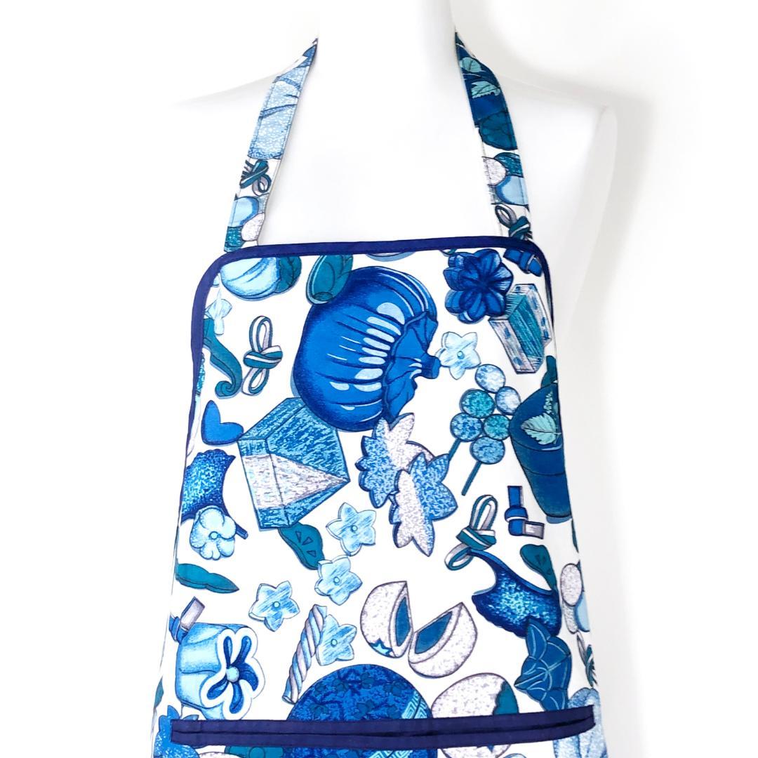 【美品・箱付き】エルメス／調理用エプロン 和洋折衷絵柄／ネイビー