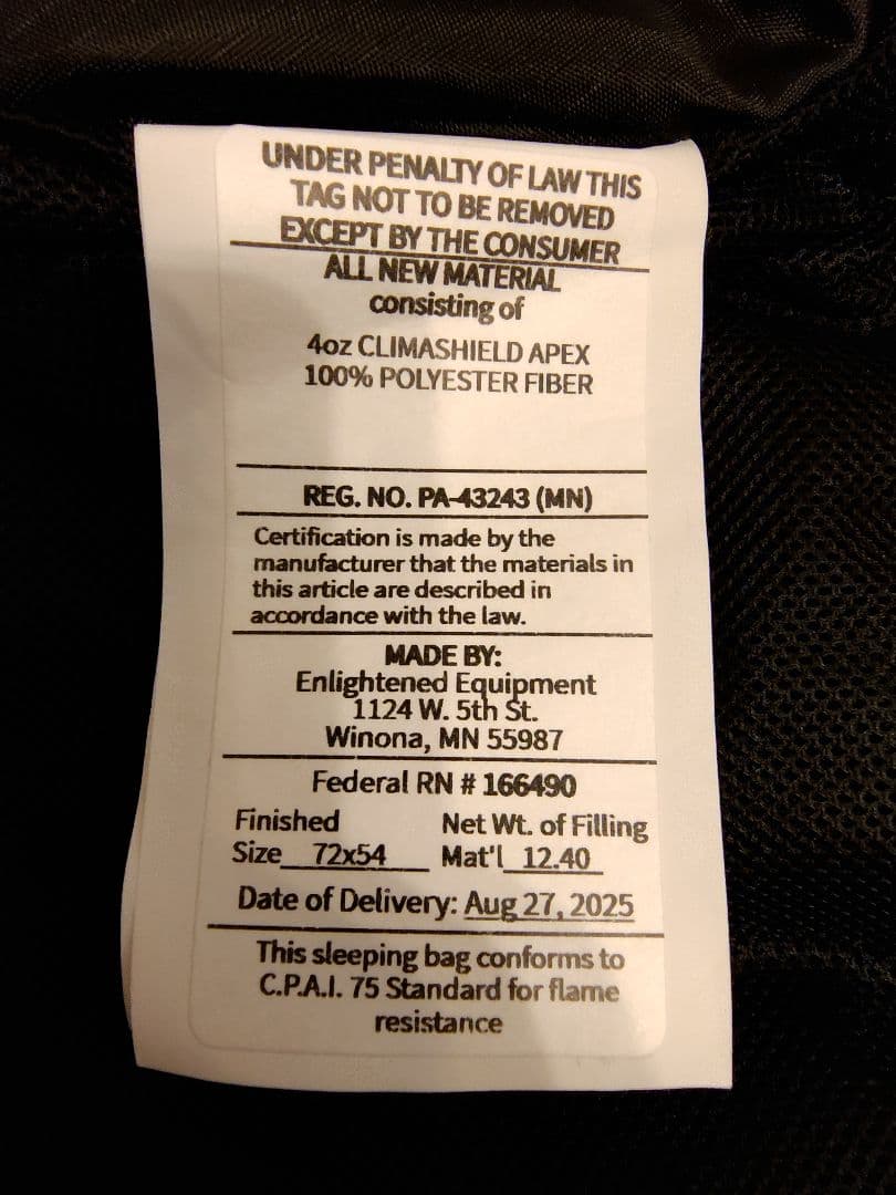 ENLIGHTENED EQUIPMENT Enigma APEX 40°F