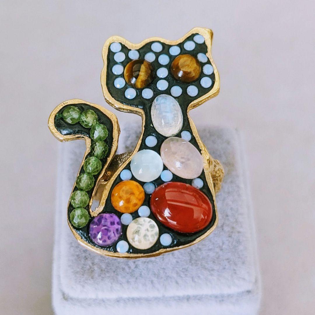 ＊NEW＊ トルコ製 ハンドメイド 天然石 リング シルバー925 ［ネコ］