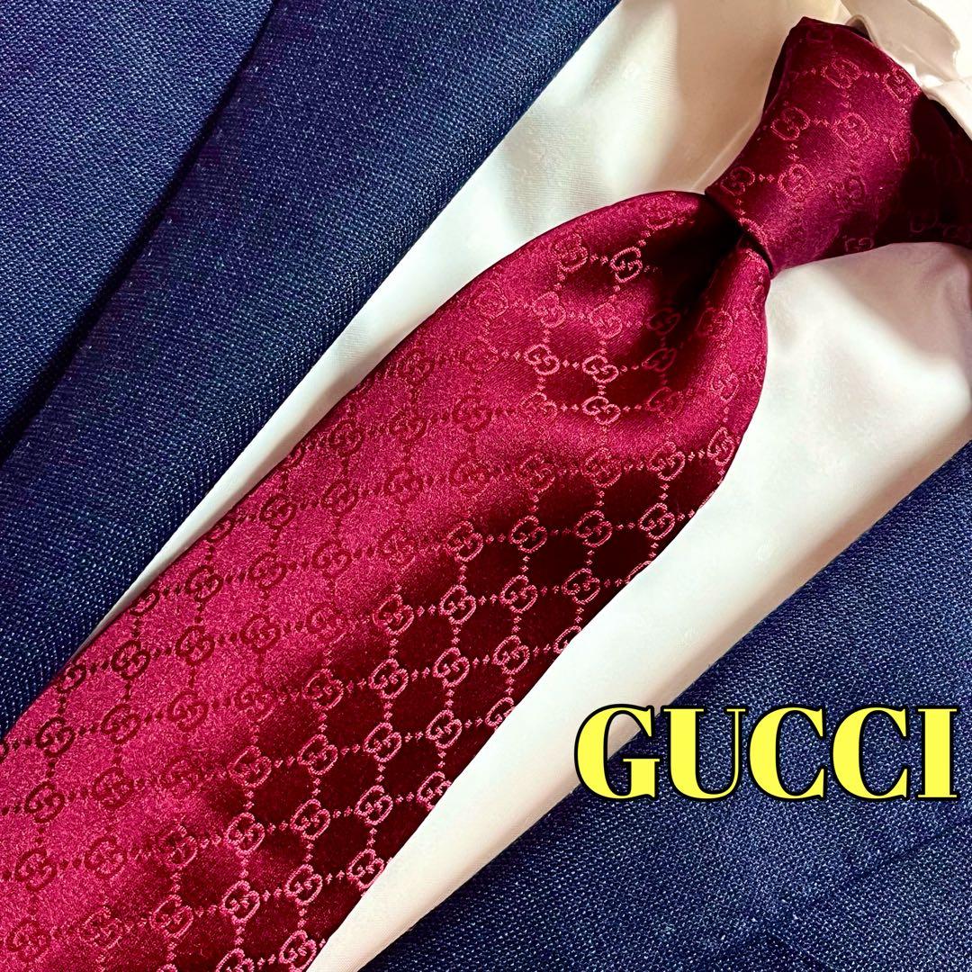 美品　現行　グッチ　ボルドー　GG柄　ダブルG　モノグラム　ネクタイ
