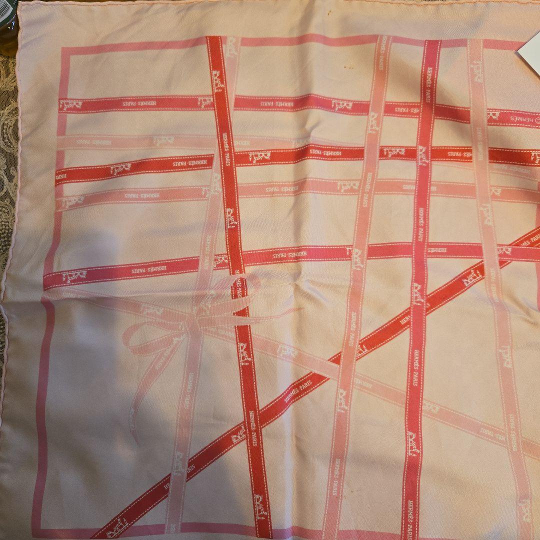 訳あり HERMES リボン柄スカーフボルデュック ピンク プチカレ