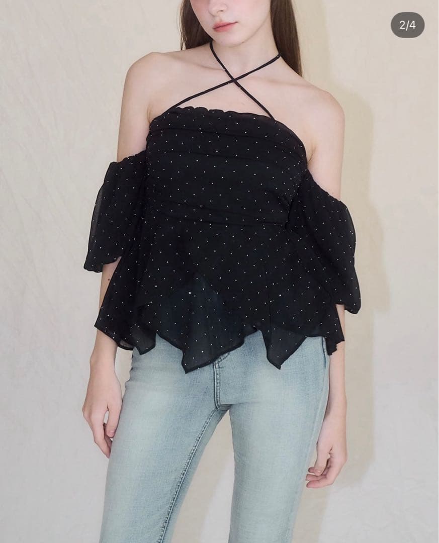 YILON イロン BIJOU OFFSHOULDER BLOUSE BLACK