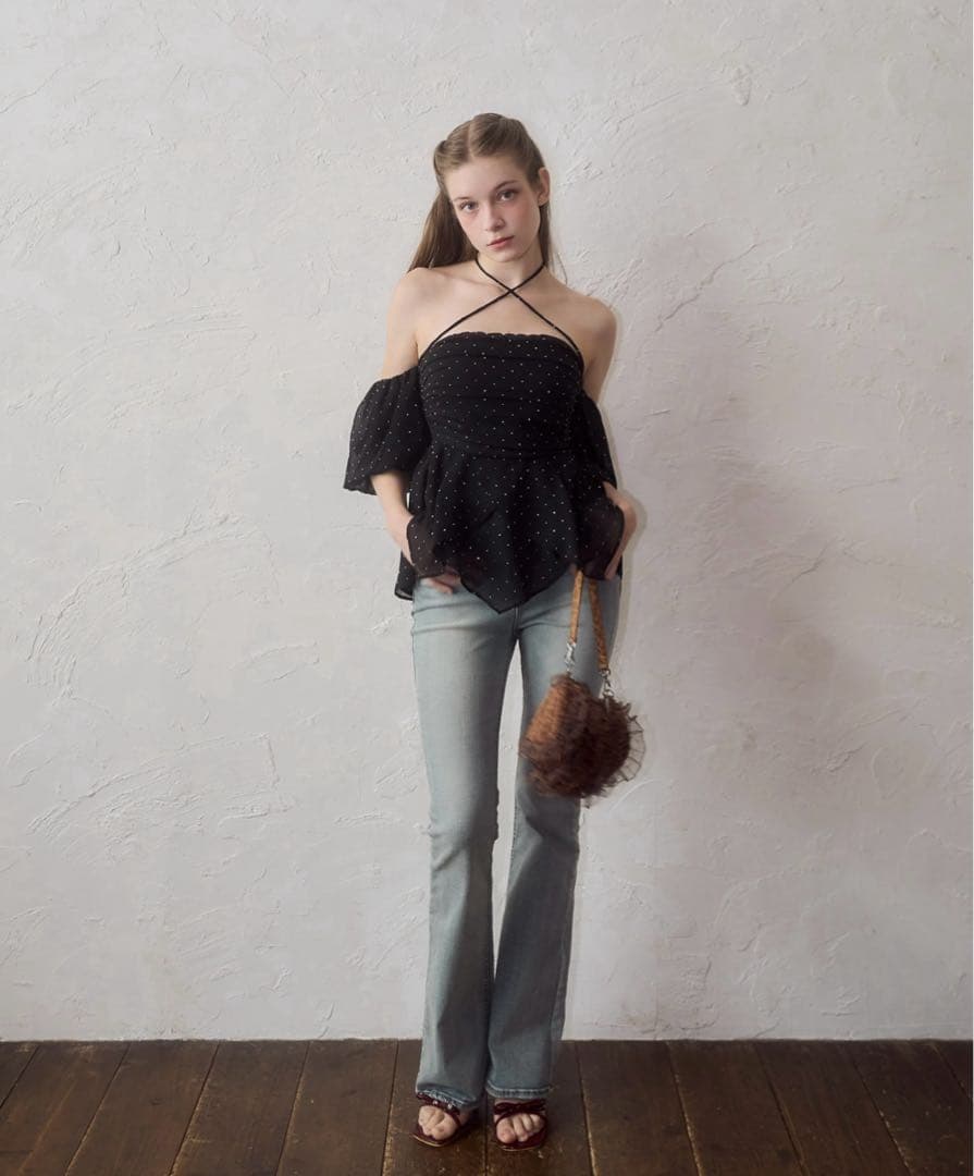 YILON イロン BIJOU OFFSHOULDER BLOUSE BLACK
