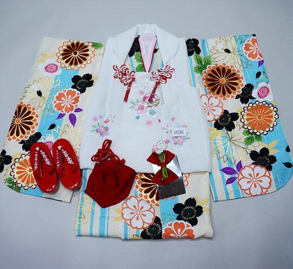 七五三 三歳 女児 被布着物フルセット 水色×白 お仕立て無料 NO34386