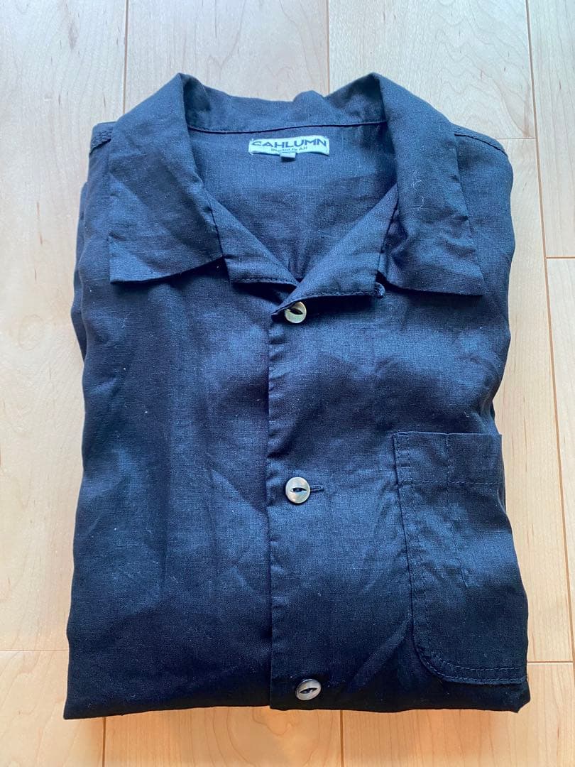 CAHLUMN/カウラム リネン オープンカラーシャツ黒_linenah