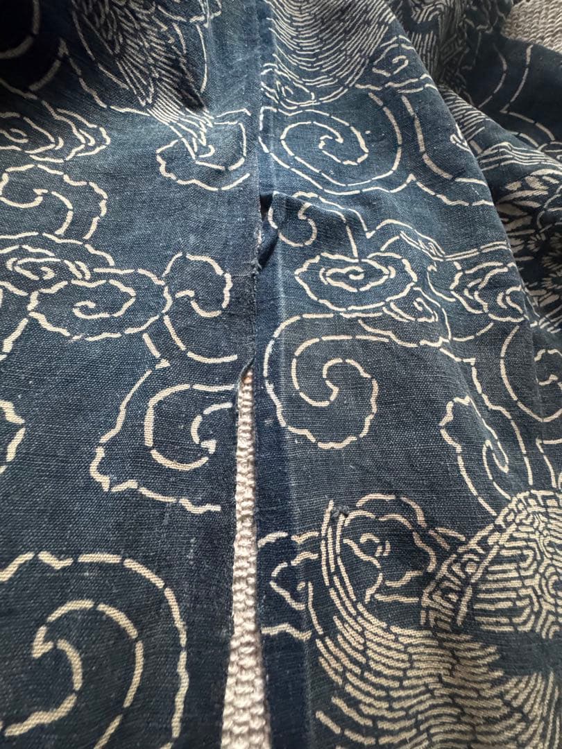 古布大正期　鶴と亀暖簾　のれん　本藍染フェード感が素敵　純和アンティーク