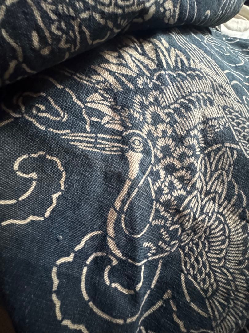 古布大正期　鶴と亀暖簾　のれん　本藍染フェード感が素敵　純和アンティーク