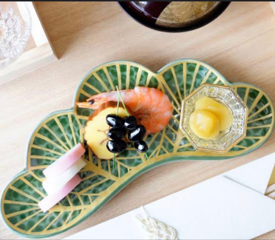 なんなんご依頼品　幸楽窯　錦金松葉形前菜皿　茶緑金　白金　赤金　6点セット