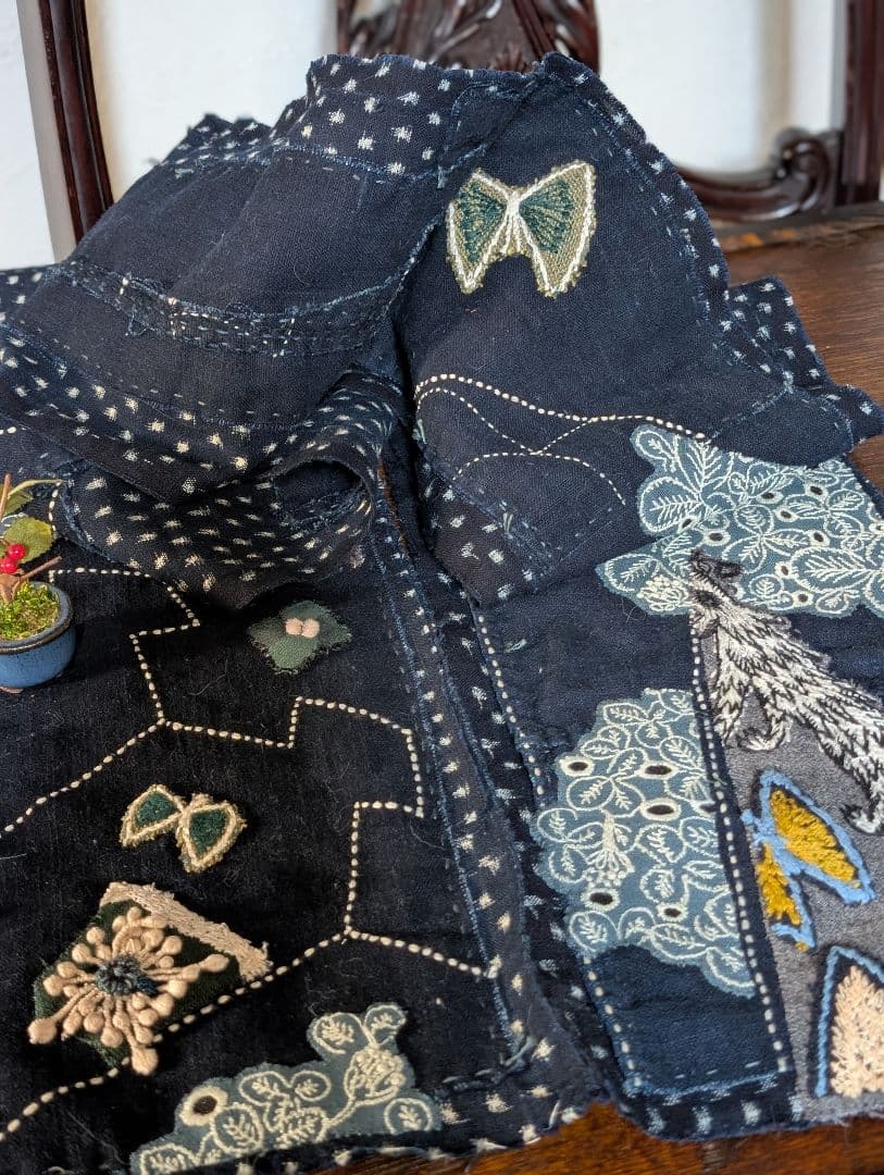 時々lucky♪《刺し子とWolf＆flower》古布藍染　ミナ　長ショール
