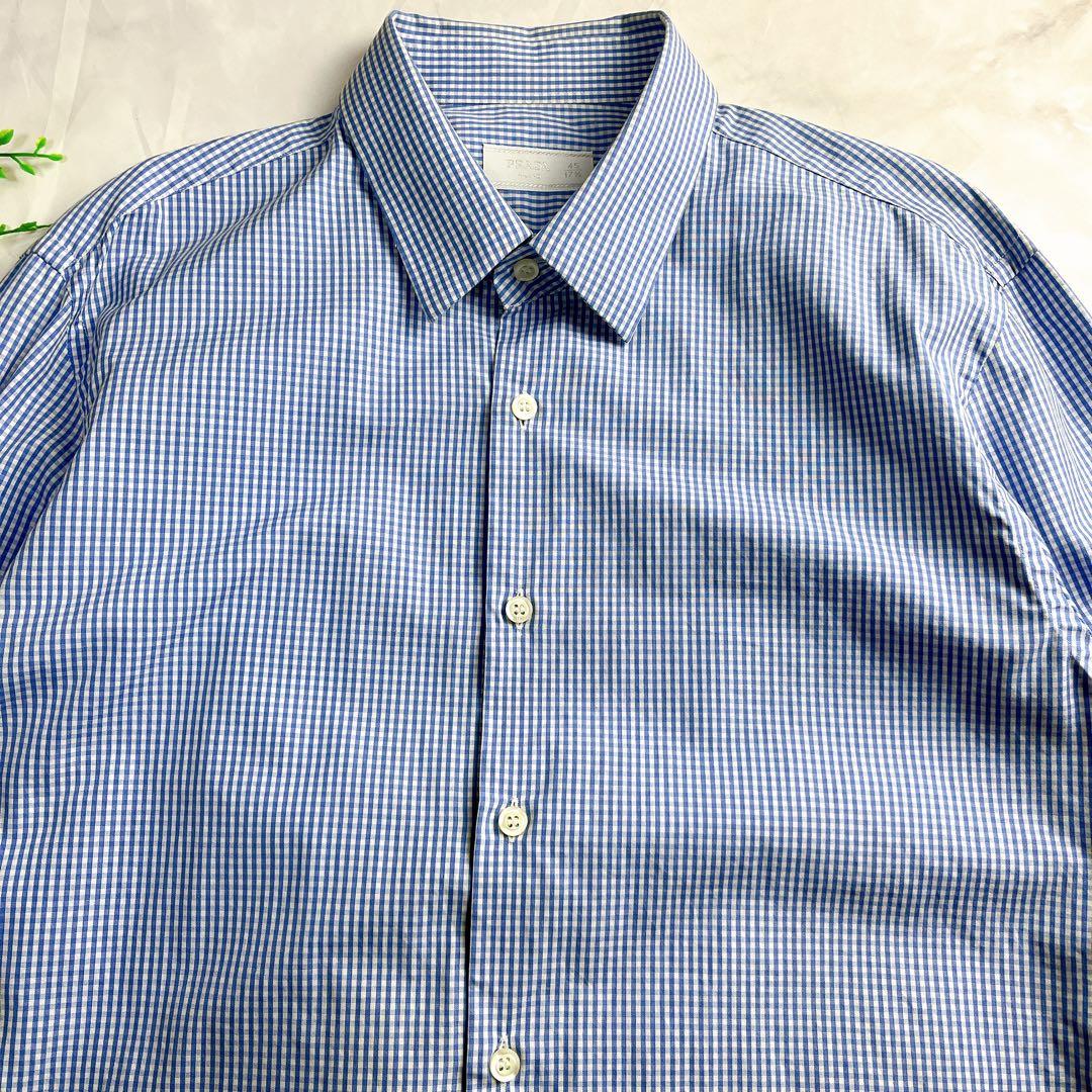 【美品】PRADA プラダ XL〜XXLギンガムチェック シャツ ブルー 45