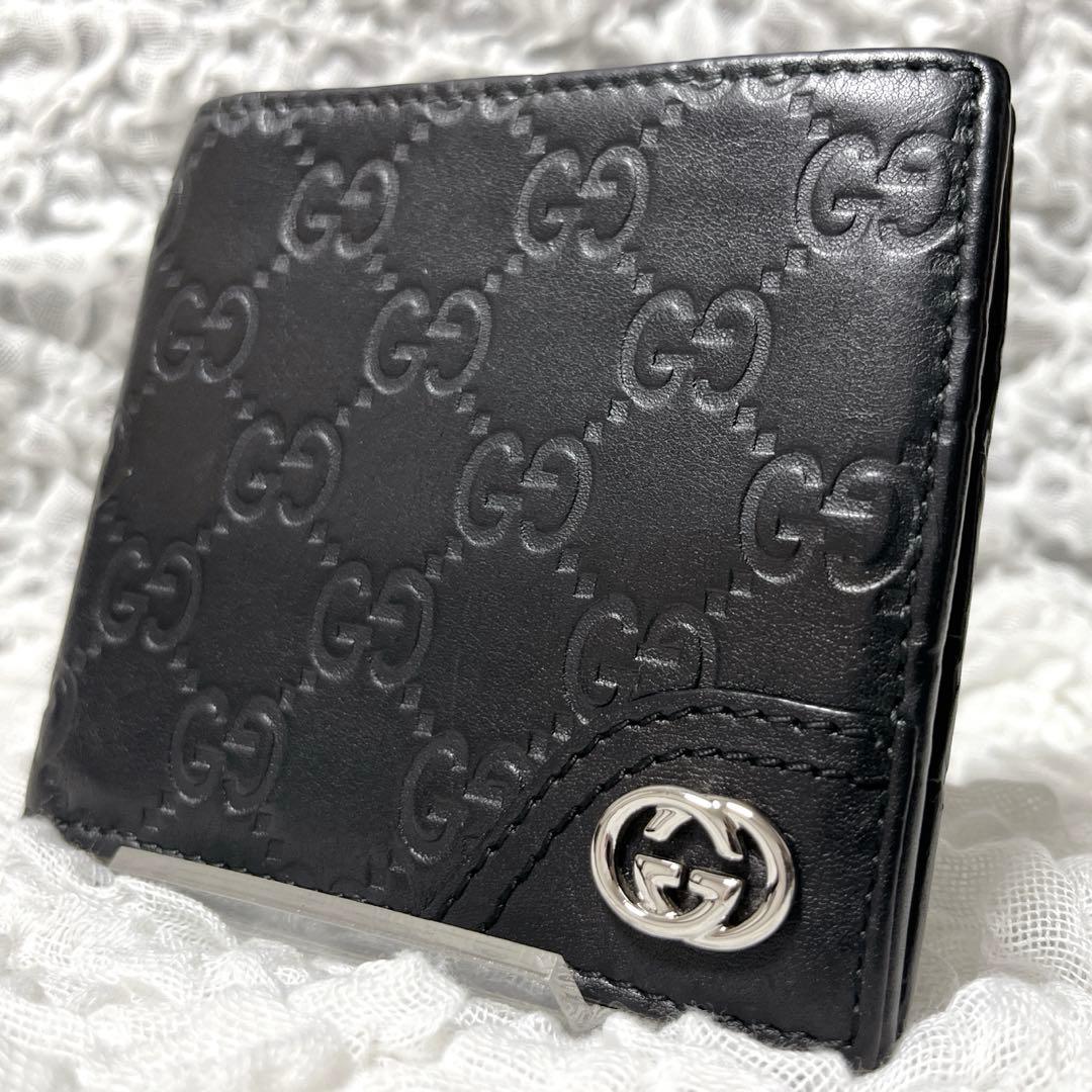 極美品✨GUCCI ブラックレザー 二つ折り財布　グッチ　シマ　GG ウォレット