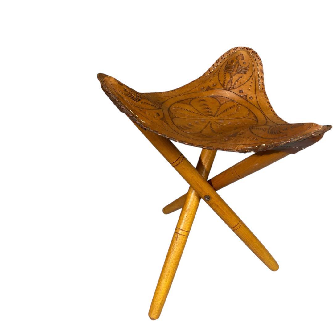 ハンティングチェア レザー ビンテージ　彫刻