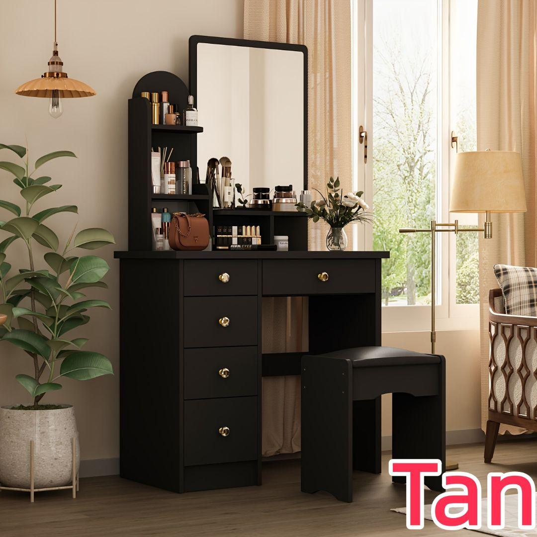 大容量収納ドレッサーセット コンパクトミラー スツール付き バニティ用