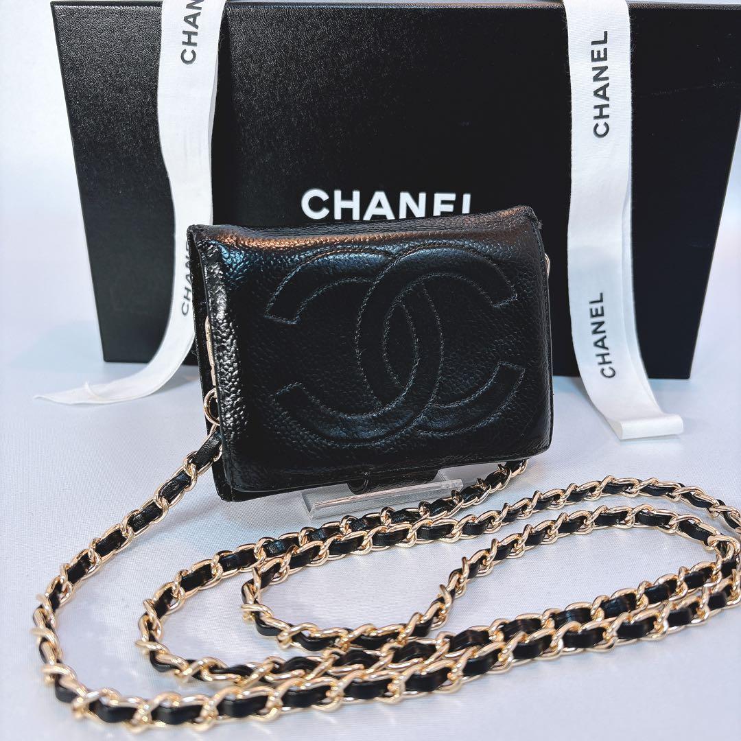 【シャネル】デカココマーク キャビアスキン ２つ折り財布 フラップホック 黒