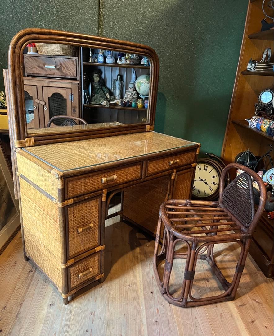 籐 ラタン ドレッサー 鏡台 インテリア 昭和レトロ 椅子