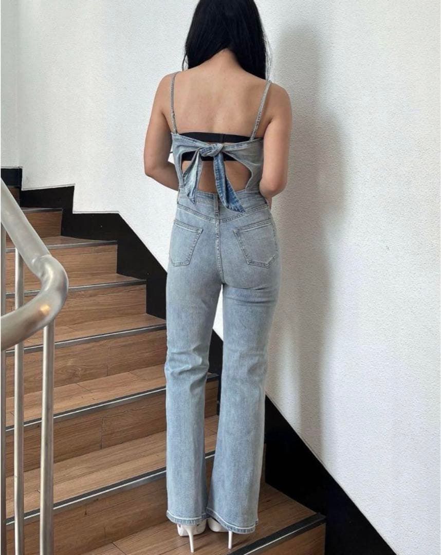 GYDA BACKリボンデニムロンパース ライトブルー 【美品】