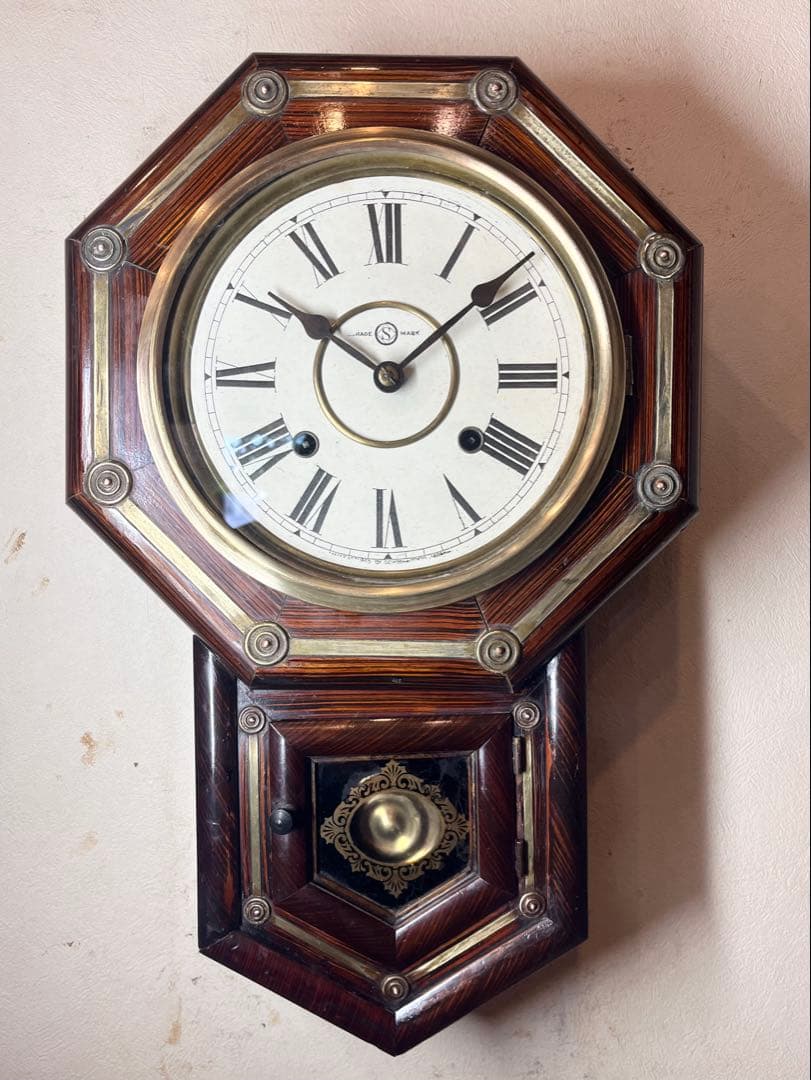 国産八角　鋲付　柱時計　古時計　振り子　アンティーク時計　レトロ　精工舎　雑貨