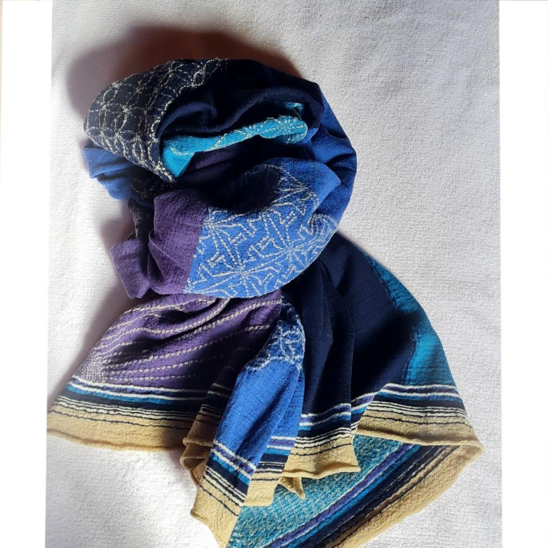 美品★キャピタル 縮絨マフラー ウール 大判ストール 青 メンズ／レディース