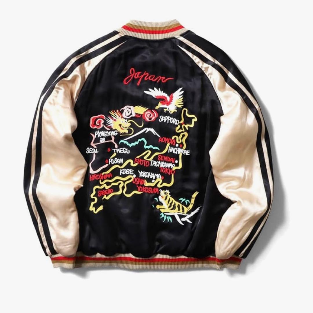 美品『HOUSTON』 スカジャン　龍　虎　富士山　日本地図　刺繍　XL