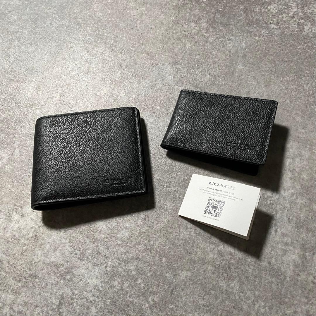 極美品 Coach コーチ レザー 二つ折り財布 パスケース付 ブラック 黒