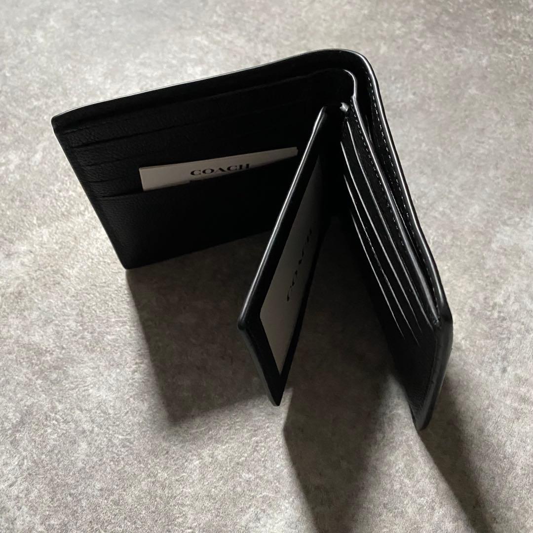 極美品 Coach コーチ レザー 二つ折り財布 パスケース付 ブラック 黒