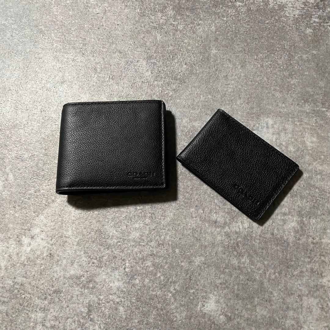 極美品 Coach コーチ レザー 二つ折り財布 パスケース付 ブラック 黒