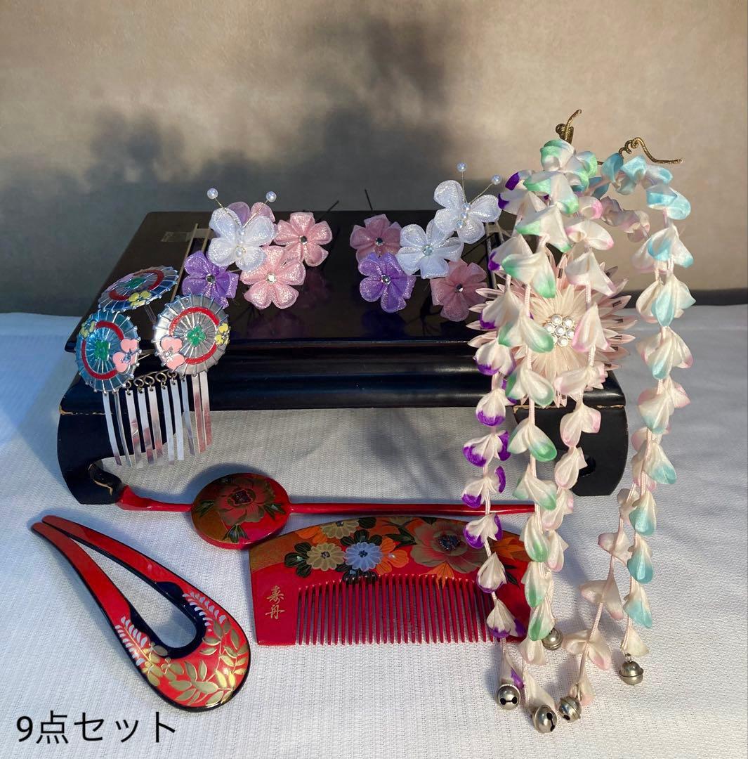 専用　雨に咲く花　美しアンティーク　菊と藤下がりの簪　金属簪　櫛平打ち　Uピン簪