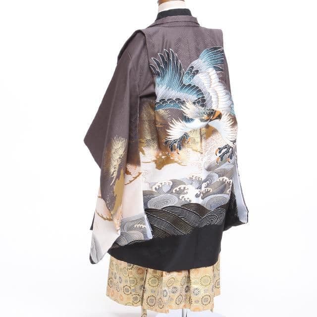 七五三 男の子 羽織 袴 肌襦袢 黒着物 金襴 帯 懐剣 白足袋 鷹 波 5歳