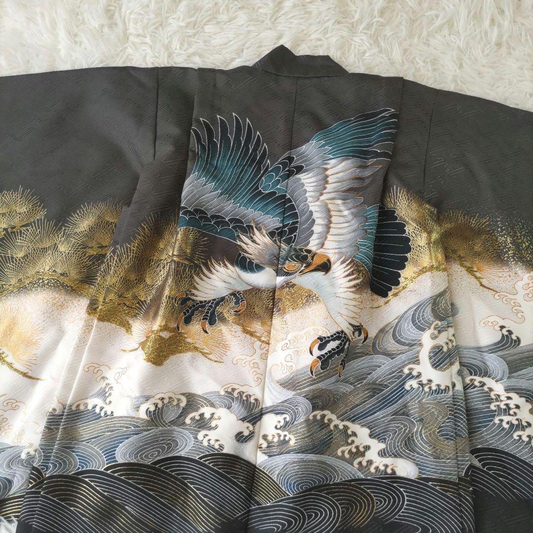 七五三 男の子 羽織 袴 肌襦袢 黒着物 金襴 帯 懐剣 白足袋 鷹 波 5歳