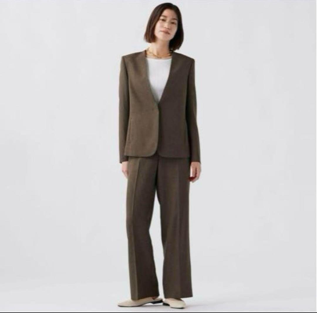 PLST プラステ　シャークスキン ノーカラーセットアップ　ブラウン　S