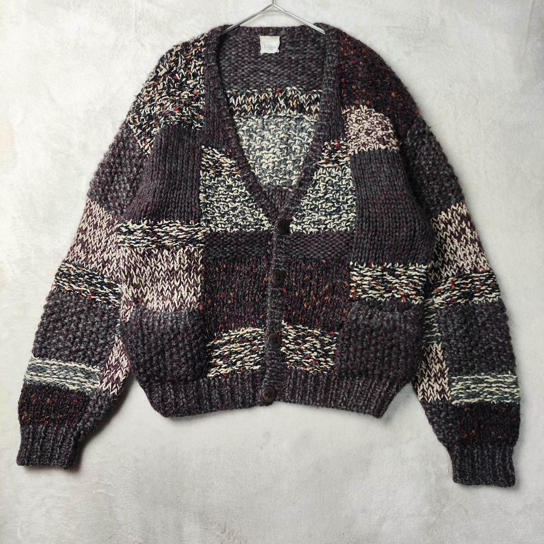フィッチェ　カーディガン　肉厚　ハンドメイド　ローゲージ　パッチワーク　茶系　F