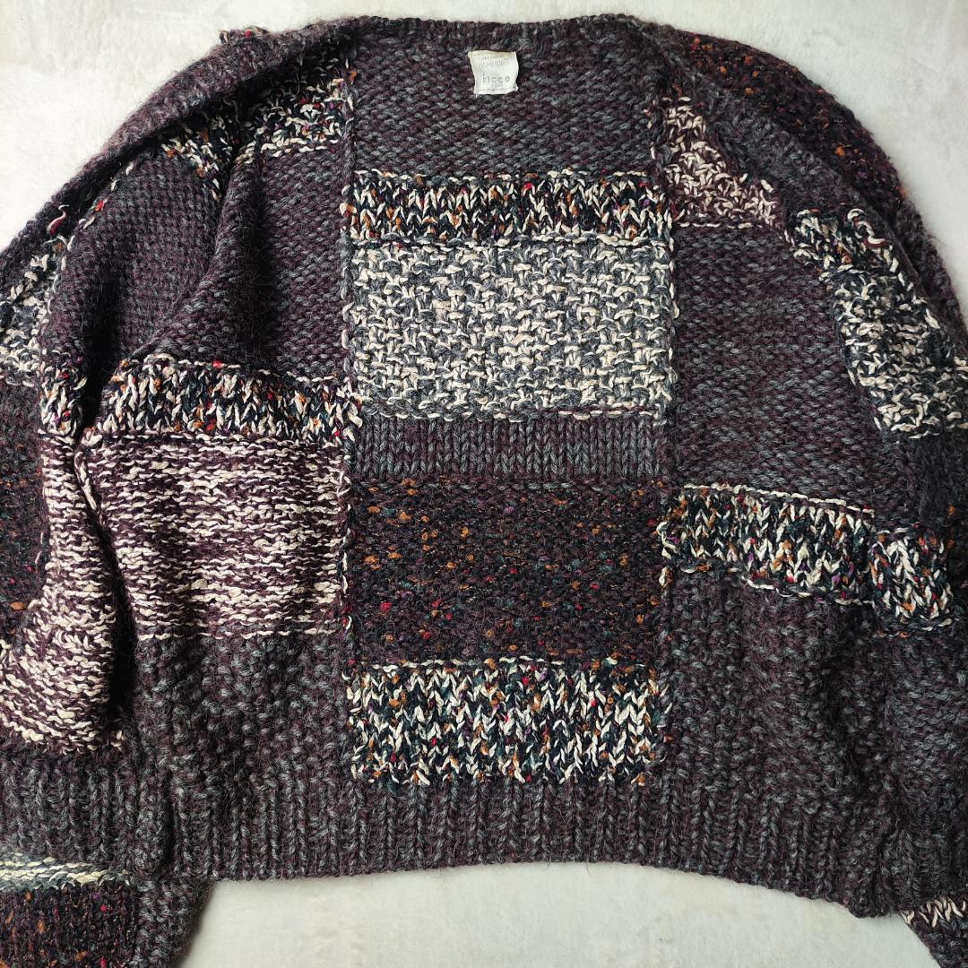 フィッチェ　カーディガン　肉厚　ハンドメイド　ローゲージ　パッチワーク　茶系　F