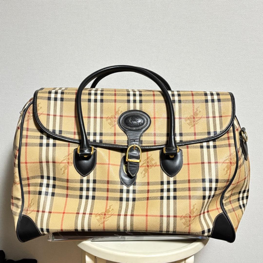 美品【バーバリー】大きい ノバチェック ボストンバッグ 本革 PVC 旅行に