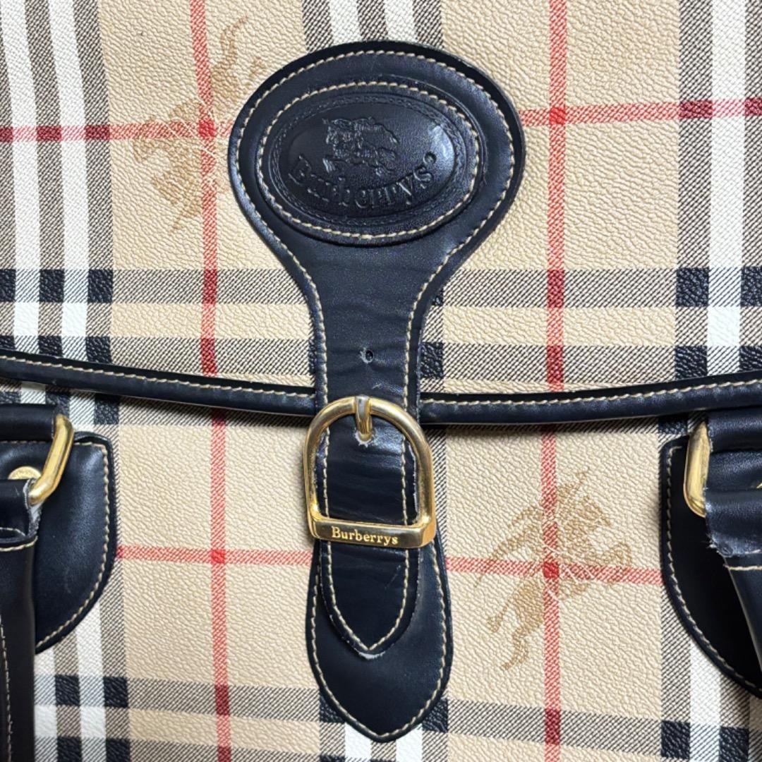 美品【バーバリー】大きい ノバチェック ボストンバッグ 本革 PVC 旅行に