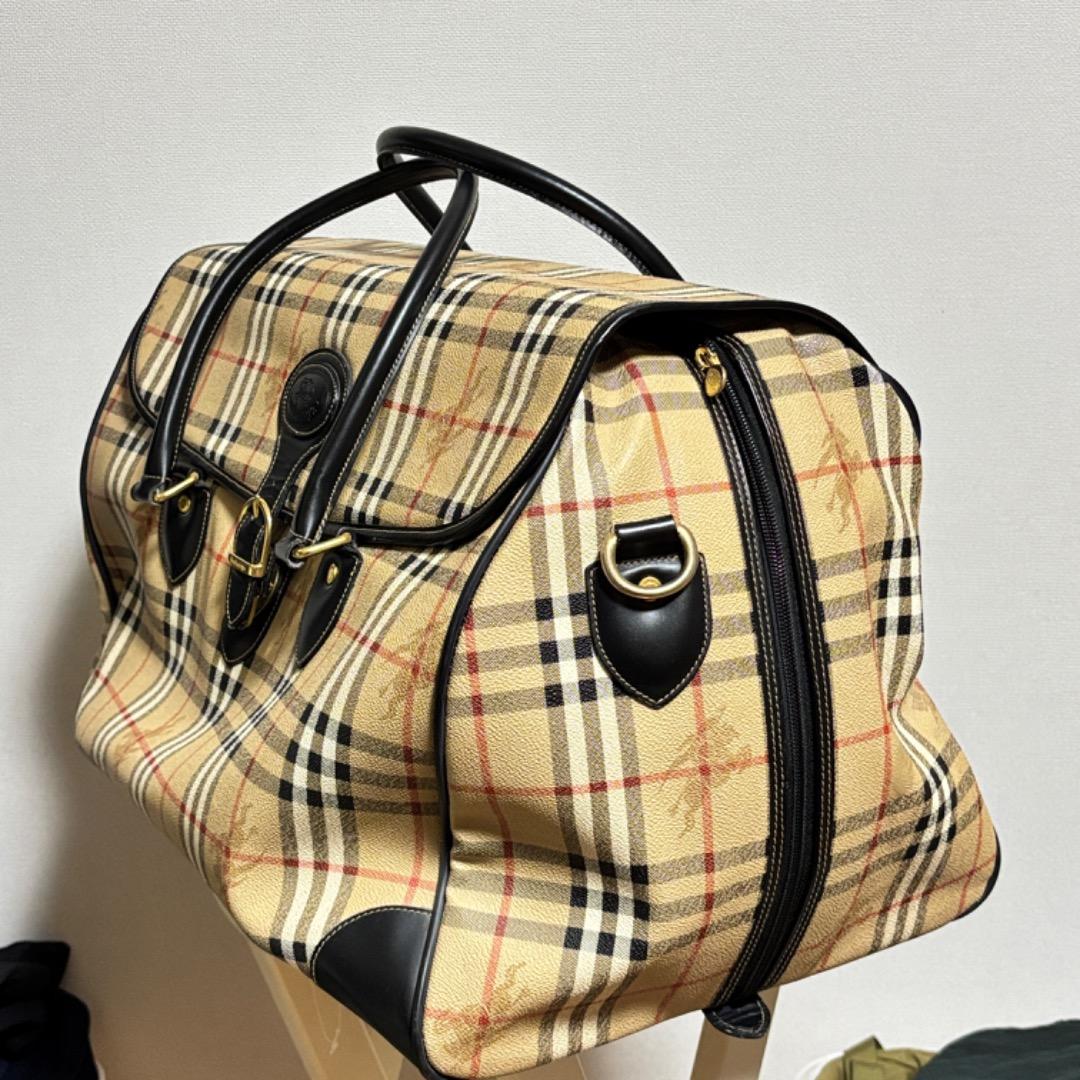 美品【バーバリー】大きい ノバチェック ボストンバッグ 本革 PVC 旅行に