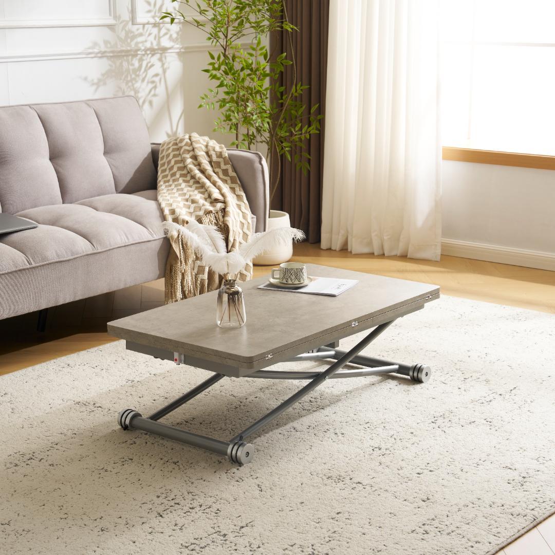 超人気！テーブル 天板が2倍に広がるガス圧昇降テーブル　GRAY