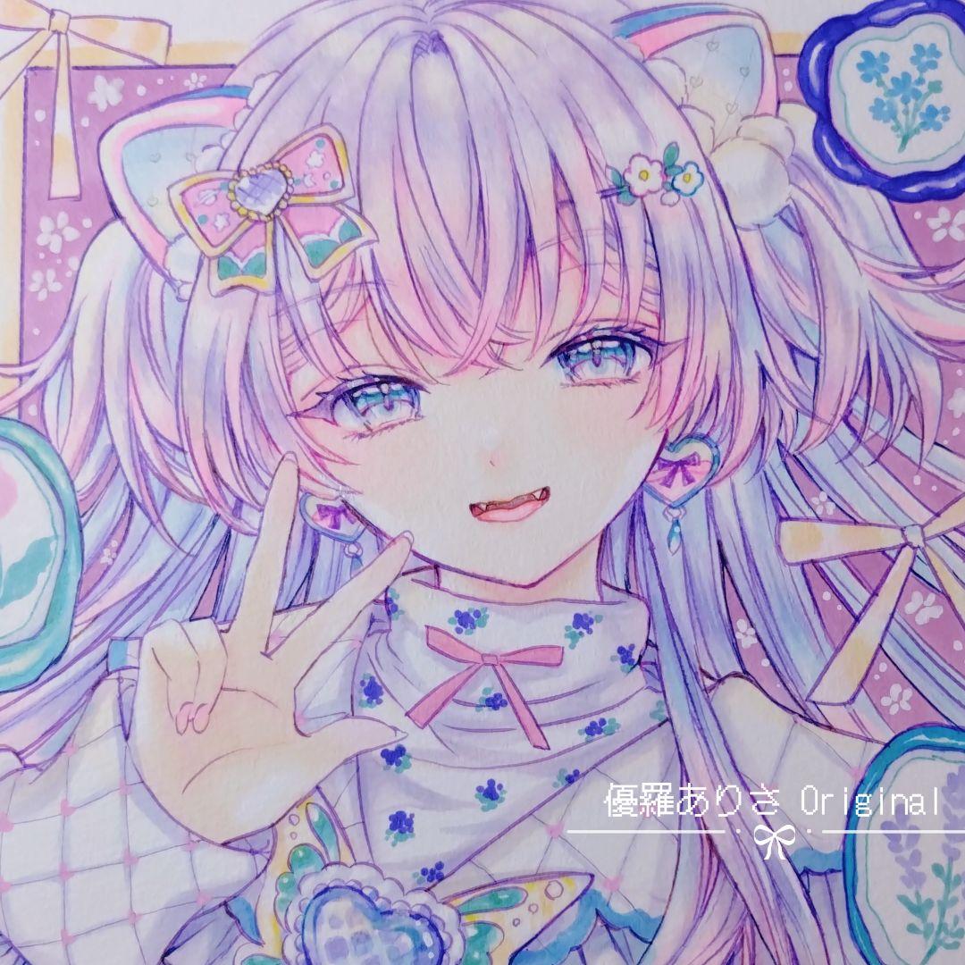 創作【Fancy☆girl 1】手描きイラスト 原画 アナログイラスト 中色紙