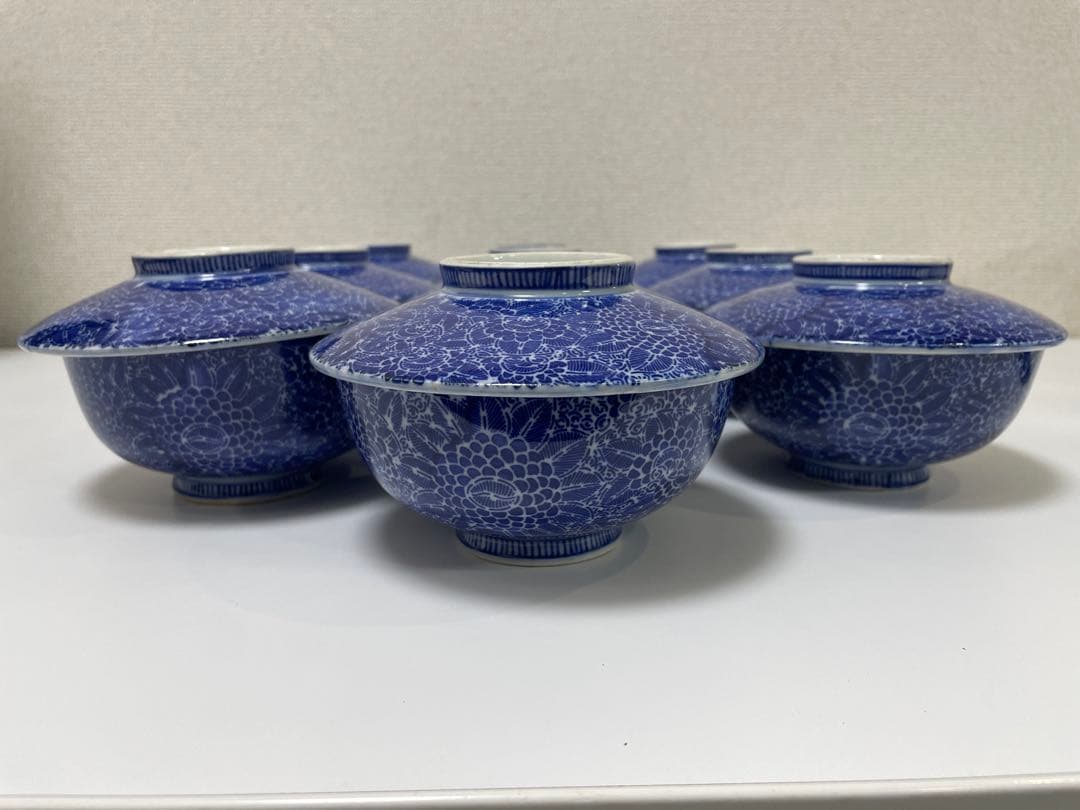 古伊万里 染付 花唐草模様 レトロ 明治 蓋付き茶碗 10客 蓋13客